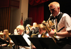 Saxophonist Cole Bass performs at the May 17 concert.