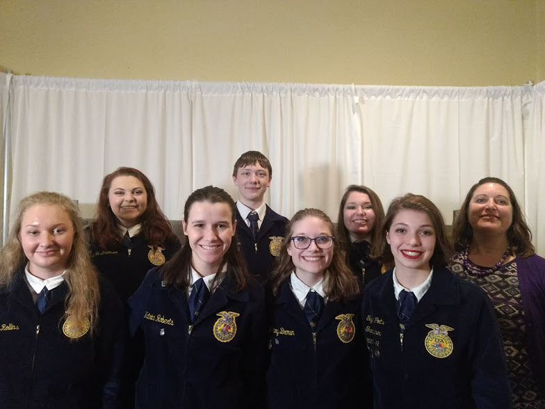 Front Row: Katrina Roberts-Small Animal, Ben Kaul- Mechanical Service and Repair, Shular-Agricultural Sales. Back Row: Mary Brown-Vegetable Production, Katie Achilles- Agricultural Service, Tyson Hatch- poultry, Stephanie Rollins- Equine Scinece, and Taylor Potts- Agricultural Education