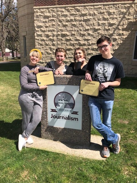 Stampede+staff+members+Nancy+Beston%2C+Quinn+Soltesz%2C+Gabby+Pope+and+Kaylebb+Stahmer+earned+awards+at+the+2019+Journalism+Day+at+UM.