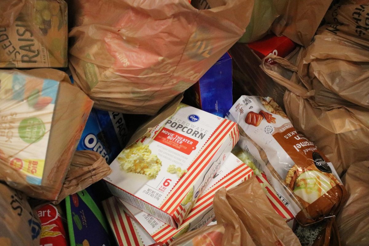 Dozens of grocery bags line the CMR hallways after the drama department collected more than 2,000 pounds of food and supplies during the annual Trick or Treat So Kids Can Eat event. The food will go directly to the CMR Food Pantry.