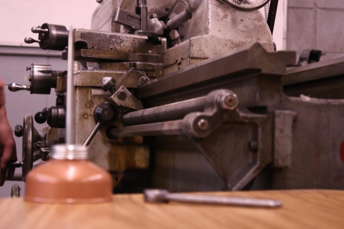 In room 403, a can of grease, a wrench, and a metal chiseler stand ready for students to use on Oct. 24.