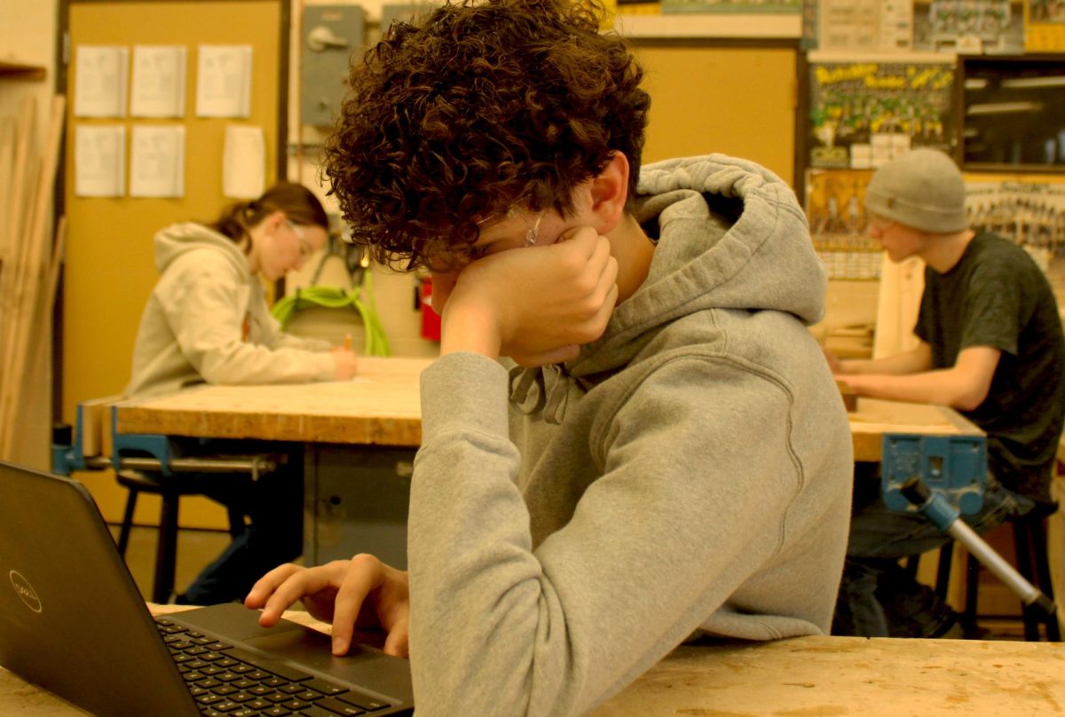 Sophomore Sylar Butschke focuses on his Chromebook In woods class in room 405.