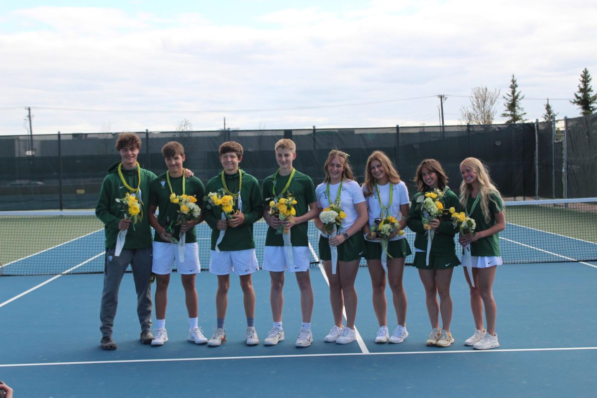 Finishing their season off strong, the CMR Tennis senior athletes gather together one last time. Featured from left to right: Brady Pike, Michael Waldenberg, Charlie Bruce, Jacob Cordich, Kaylee Wasileweski, Lili Skaer, Grace Kauffman, Elizabeth Dudden