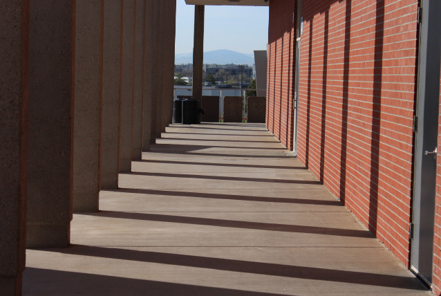 The sunlight hits the pillars perfectly in the breezeway outside of CMR.