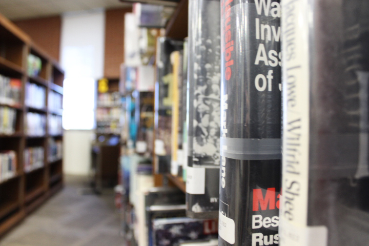 The books line the walls of the Media Center waiting to be picked up.